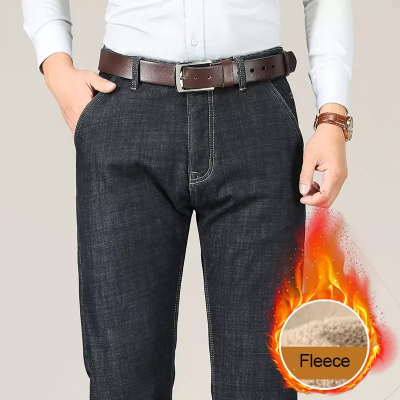 กางเกงยีนส์ขายาวสำหรับผู้ชาย, กางเกงลำลองธุรกิจของคุณพ่อทรงตรงเอวสูงผ้าขนแกะหนาอุ่นสำหรับฤดูหนาว