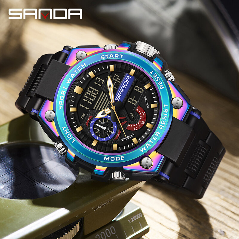 Sanda 3302 New Model Fashion Men 2023 Cool Design Mutiple Functions Teenagers Water Resistant Outdoor Alarm Mode Wrist Watch