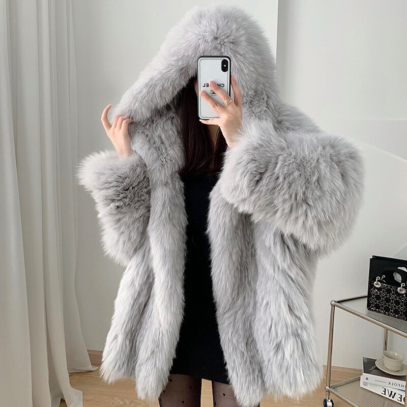 Abrigo de piel de zorro con capucha de doble cara para mujer, abrigo adelgazante de silueta de longitud media, versión coreana, nuevo