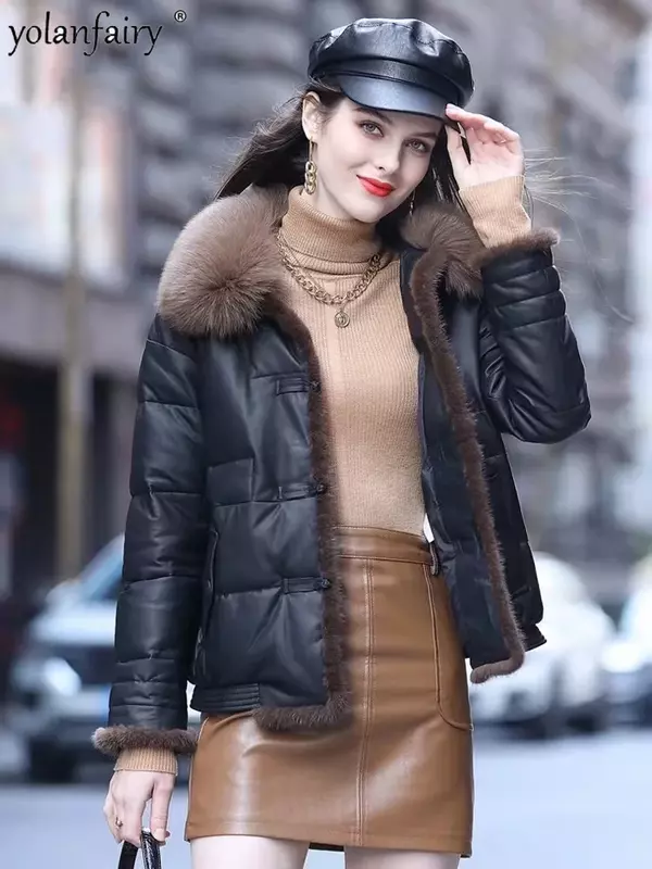 Jaket Down kulit asli baru musim dingin 2023 untuk wanita mode pendek kulit domba alami bulu rubah persegi kerah pakaian hangat FCY5117