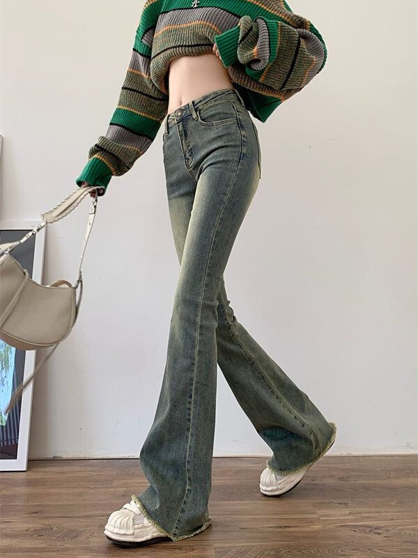 Calça jeans de cintura alta feminina, lavada, retrô, lavada, esfregando, moda coreana, roupa estética, Y2K, de rua, novo