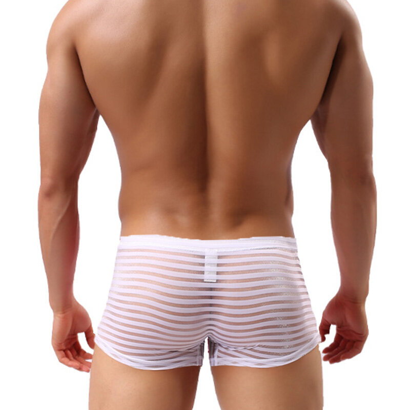 Sexy cueca masculina ver através de malha respirável boxer shorts transparente listrado cueca confortável masculino hombre fino macio