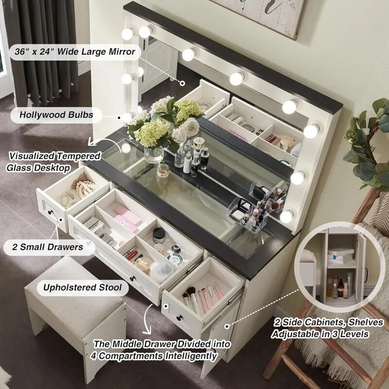 Farmhouse Vanity Desk With Hollywood Makeup Mirror - Ample Storage Space With 3 Drawers & 2 Cabinets - Detachable Light Bulbs