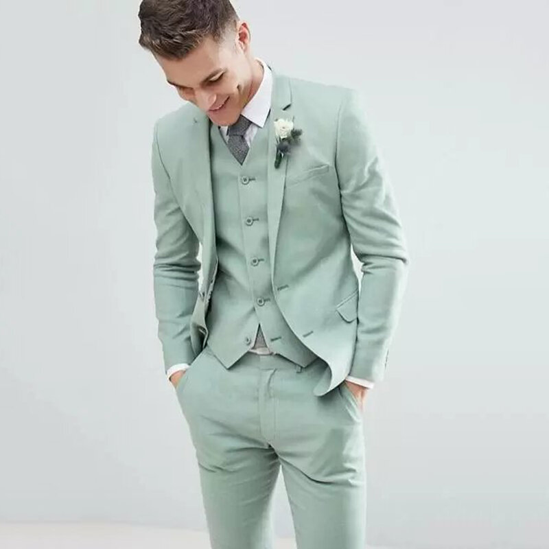 Traje de boda verde claro para hombre, esmoquin con solapa con muescas, ropa Formal de novio, chaqueta ajustada, pantalón y chaleco