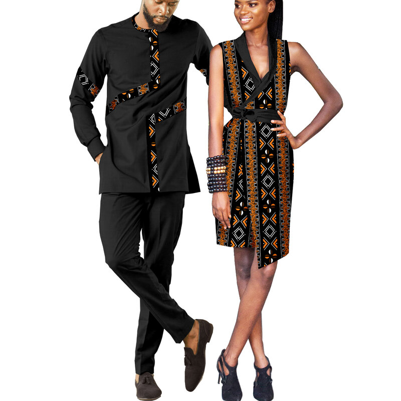 아프리카 커플 여성 프린트 왁스 코튼 패션 패치워크 핫 드레스, 남성 2 피스 셔츠와 바지 세트, v232C040