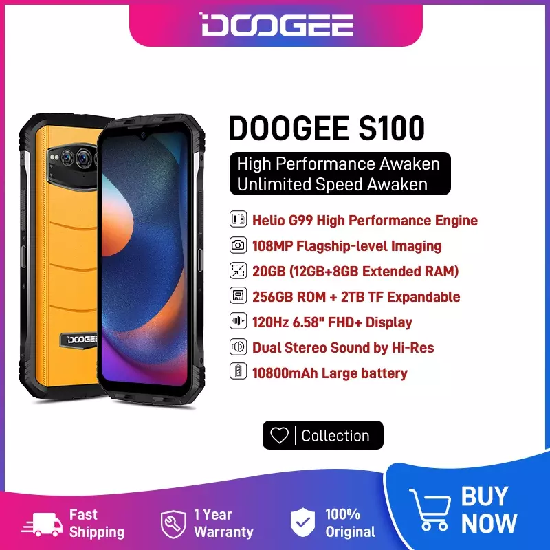 DOOGEE-Téléphone robuste S100, écran 6.58 "FHD + 120Hz, Helio G99, 12 Go + 256 Go, Octa Core, appareil photo principal 108M Ai, 10800mAh, charge rapide 66W