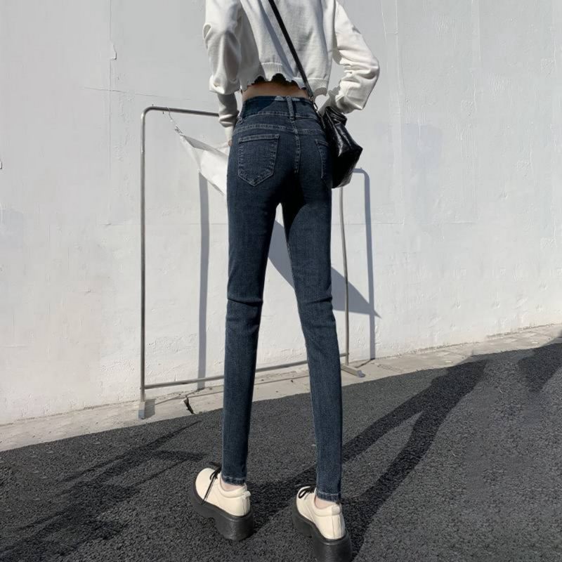 กางเกงยีนส์ Skinny Multi ปุ่มสูงเอวแฟชั่น Elastic Slim กางเกงรัดรูปแม่หญิง Denim กางเกงกางเกงขายาว