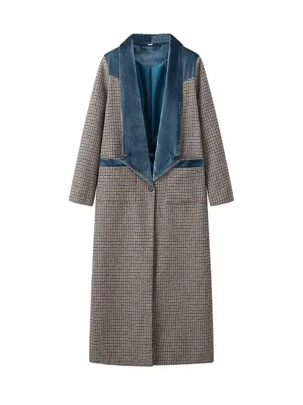 Abrigo de lana a cuadros de estilo largo para mujer, abrigo Retro de manga larga con botones, Top elegante, decoración de bolsillo, nueva moda