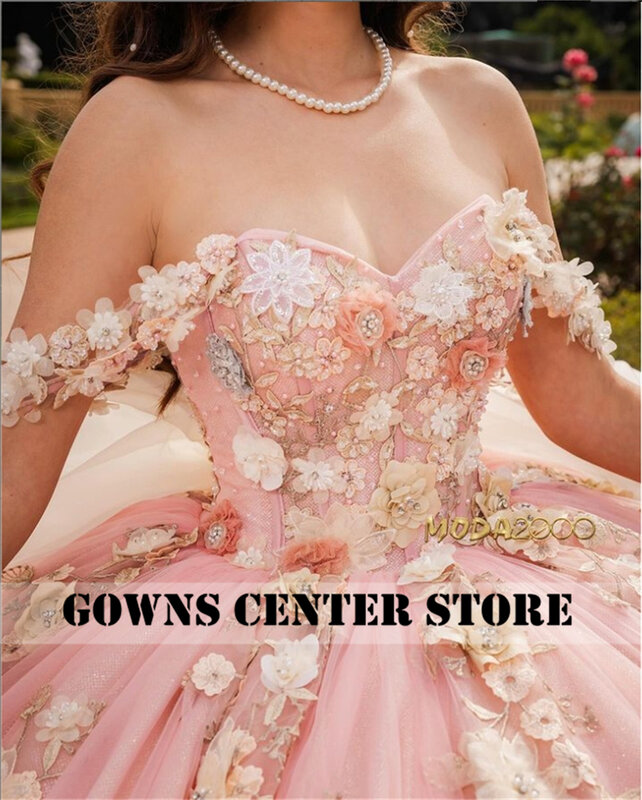 Gorąca wyprzedaż kwiatów koralikowe aplikacje koronkowe rumieniec różowy Quinceanera suknie z kokardami Spaghetti słodki 16 sukienka gorset Vestido De 15 Año