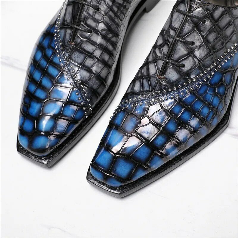 Autêntico real pele de crocodilo pintados à mão cor azul cinza homens vestido de festa sapatos couro genuíno jacaré masculino rendas oxfords