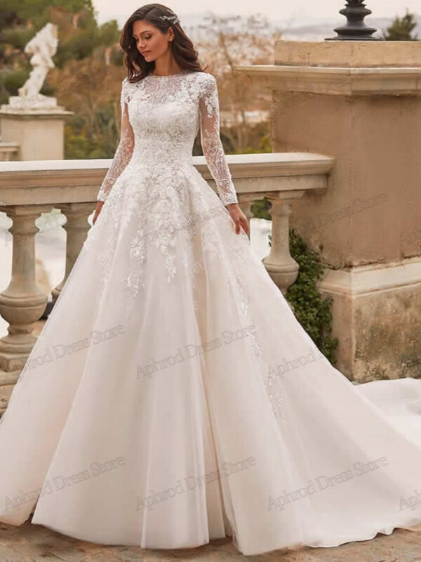 Gaun pernikahan sederhana gaun pengantin lengan penuh leher-o gaun pengantin renda applique jubah panjang lantai untuk pengantin glamor Vestidos De Novia