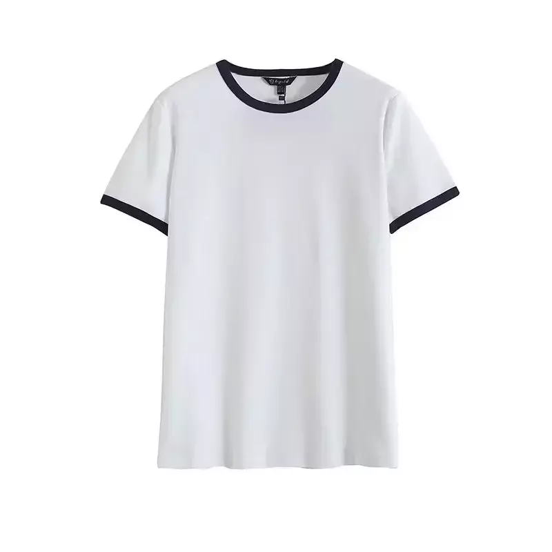 Damska 2023 nowa modna dwukolorowa, klasyczna, kontrastowa koszulka z krótkim rękawem ubrania w stylu streetwear damskich Top w jednolitym kolorze