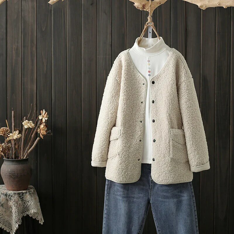 Lamb Fur Women Coats Winter Solid V-Neck Solid Loose Thick Warm Fleece Solid Pocket Casual All Match Female Outwear Tops