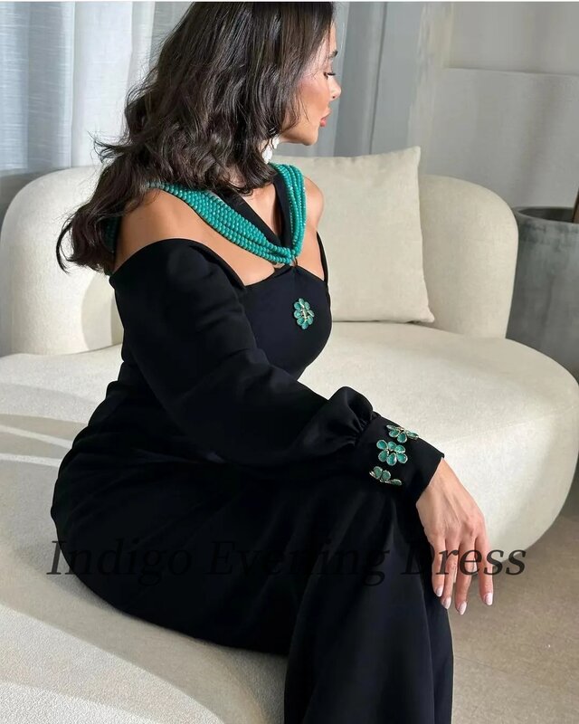 Vestidos de noite preto-índigo com miçangas para mulheres, fora do ombro, tornozelo-comprimento, vestido elegante, venda quente, novo, 2024
