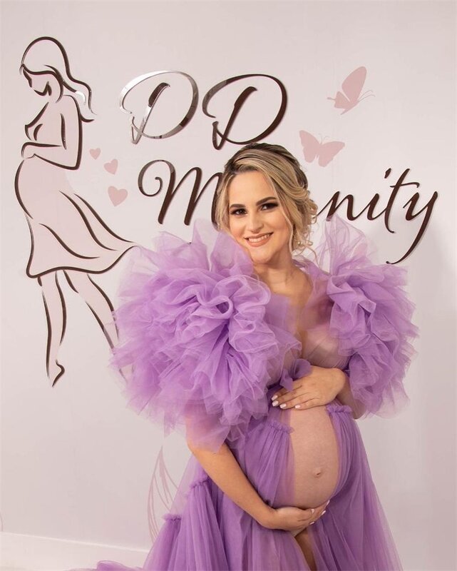 Vestido de maternidad púrpura para sesión de fotos para mujer, Mangas de tul hinchadas, talla grande, vestido de graduación para embarazadas, albornoz, ropa de dormir hecha a medida