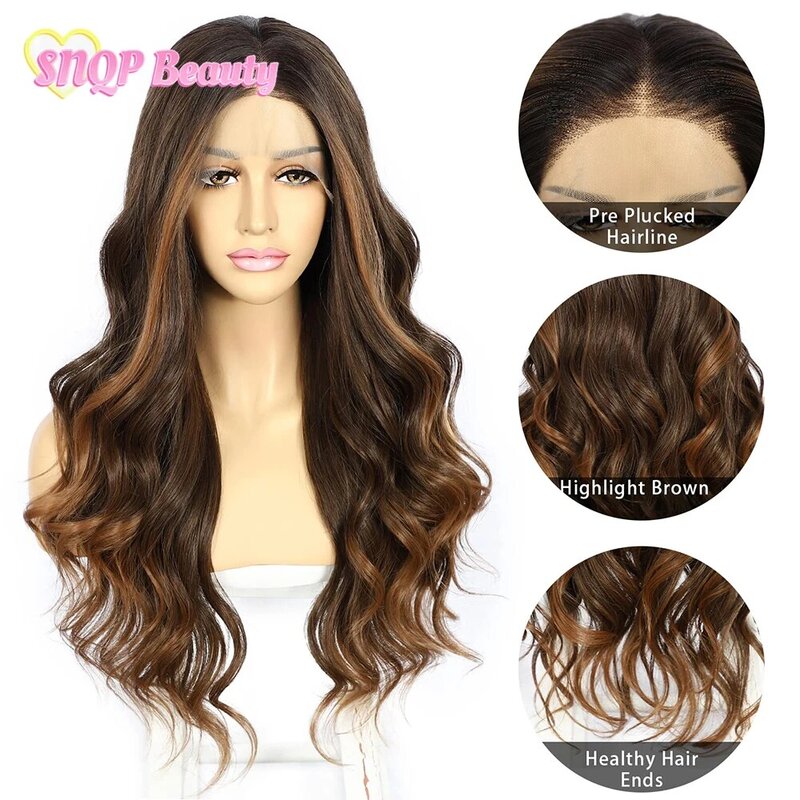 Brown Highlight Synthetic Lace Front Wig 13x4 Preplucked Body Wave HD Transparent Lace Wig Futura Daily Use Wigs For Women