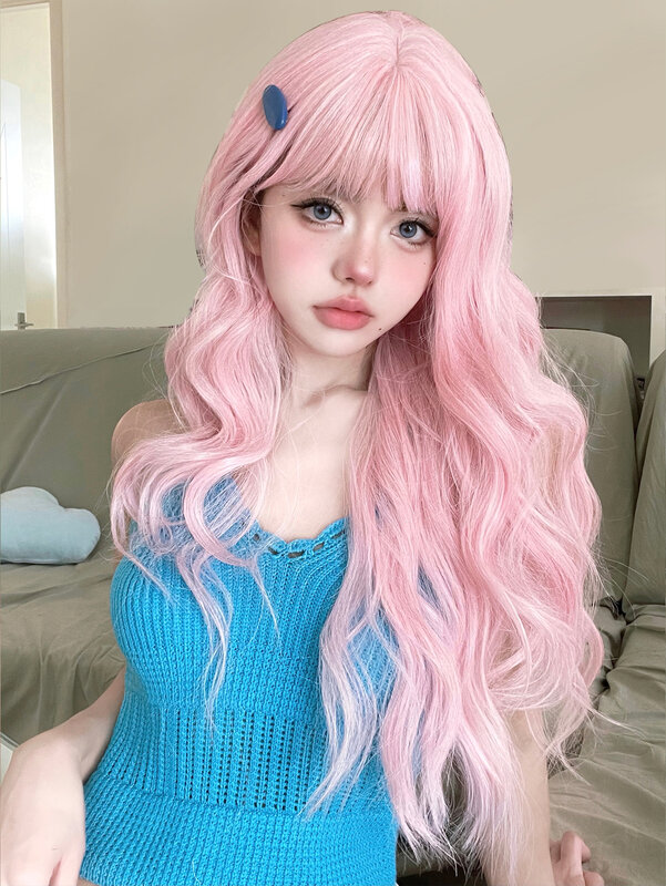 30Inch Perfect Pink Synthetic Wigs with Bangs Long Natural Wavy Hair Wig for Women Daily Use Cosplay Drag Queen Heat Resistant