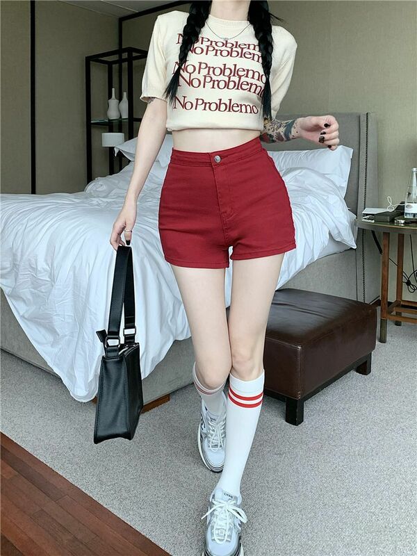 Dżins wysokiej jakości spodenki czerwone obcisłe kobiety gorące słodkie letnie wypoczynek wysoki stan uczeń Harajuku Y2k koreańska moda na wszystkie mecze