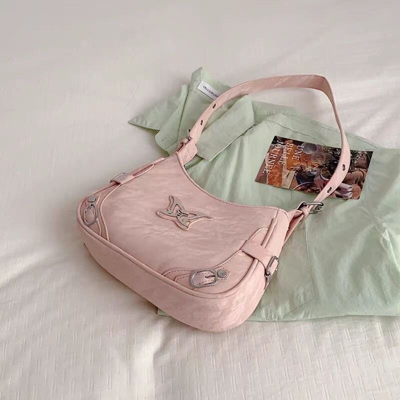 Xiuya Silver Y2k Womens Shoulder Bag Casual Aesthetic Literary Korean Style Fashion Handbag Summer Butterfly Leather Armpit Bag
