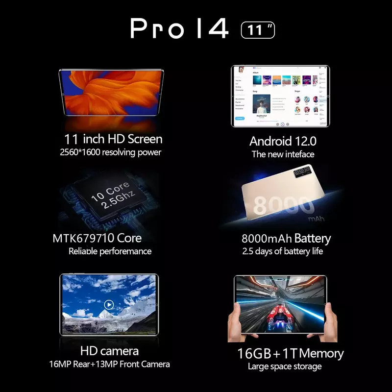 Tablet PC de versão global duplo 5G, Android 12, Deca Core, 16GB RAM, 1T ROM, Chamada telefônica, Bluetooth, WiFi, WPS, Novo, 11 ", 2023