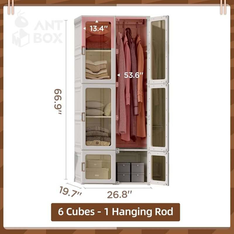 Portable Wardrobe Closet Storage Organizer for Clothes,Suitable for Living Room, Bedroom,Plastic Wardrobe with Magnetic Transpar