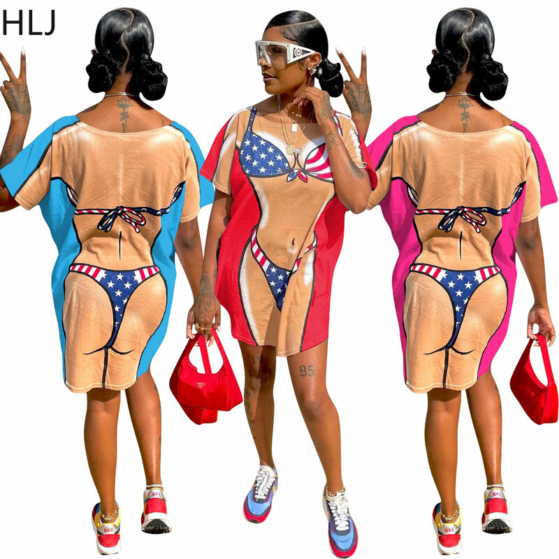 HLJ-Mini vestido reto para mulheres, impressão casual, gola redonda, manga curta, streetwear feminino, roupas de verão, novo, 2023