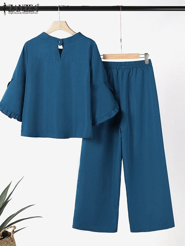 Zanzea-女性のための十分な一致セット、半袖の衣装、ブラウスとワイドレッグパンツ、エレガントなolワークのズボンスーツ、女性の夏のセット