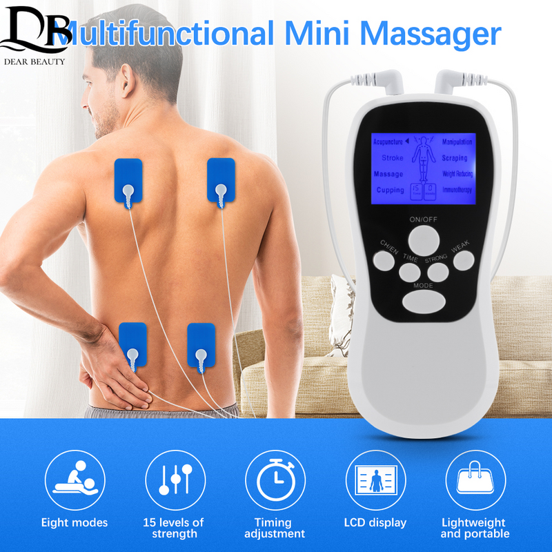 EMS dezenas massagem mini massageador, saída dupla, corpo inteiro, acupuntura, instrumento de terapia elétrica, tela azul