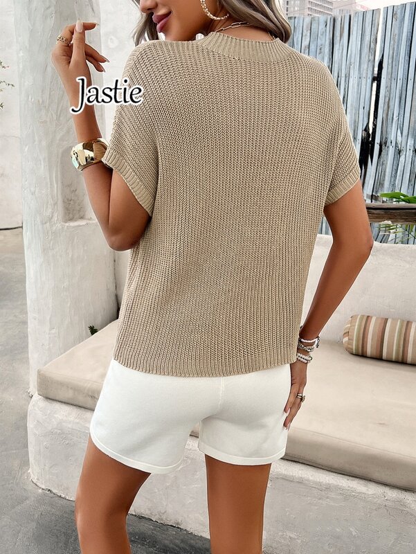 Jastie 2024 Spring And Summer Women's Suit Casual O-Neck Short-sleeved Knitted Top + Elastic Waist Shorts 2-piece Set Outift