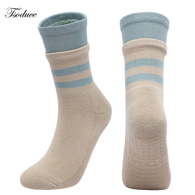 Women Yoga Socks Double-layer Cuff Middle Tube Foot Cushioned Terry Warm Breathable Cotton Fitness Pilates Barre Sports Socks