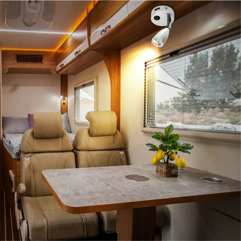 Lampu baca LED RV Interior 2W, 12V 24V dengan Port USB 5V 2A dengan lampu sorot untuk perahu, Yacht, karavan, Trailer, 3 warna