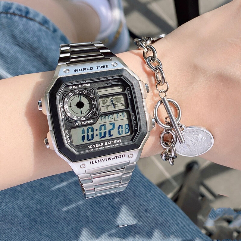 Męskie zegarki wodoodporny LCD kolorowe zimne światło zegarek ze stali nierdzewnej cyfrowy zegarek 5 budzik czas na świecie modne zegarki