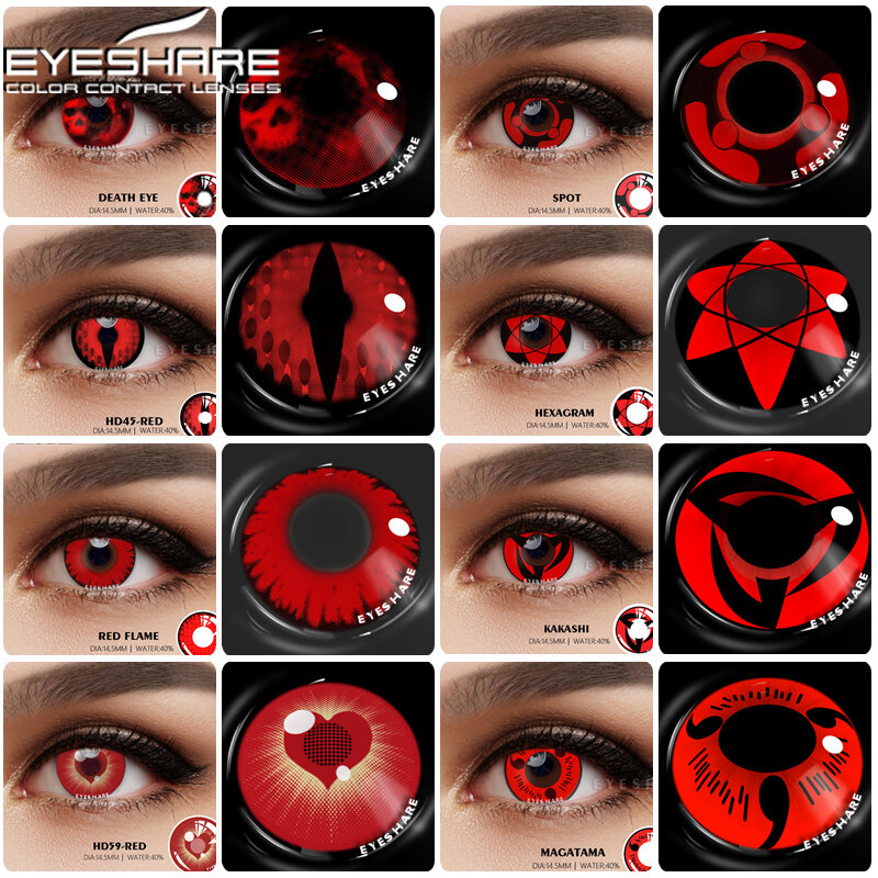 EYESHARE 2 Buah Lensa Kontak Warna untuk Mata Anime Cosplay Lensa Kontak Mata Merah Riasan Kecantikan Murid Tahunan Halloween 14.5Mm