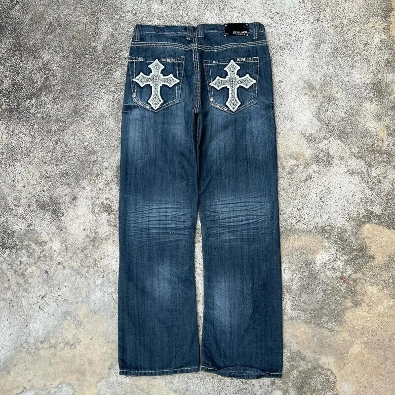 Y 2K Fashion Jeans Harajuku Geborduurde Hip-Hop Baggy Jeans Dames Amerikaanse Retro Punk Gothic Broek Met Hoge Taille Voor Heren