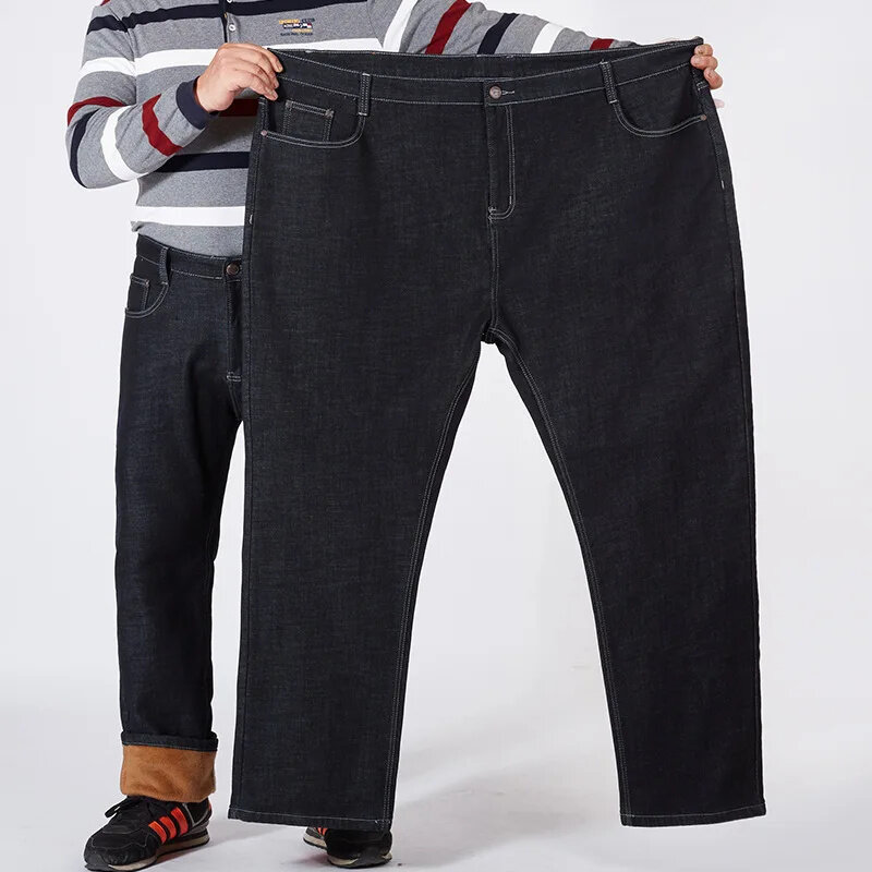 Winter Jeans Heren Warm Denim Plus Maat 42 46 48 50 52 150Kg Zwarte Broek Elastische Hoge Taille Heren Fleece Broek Dikker Jean