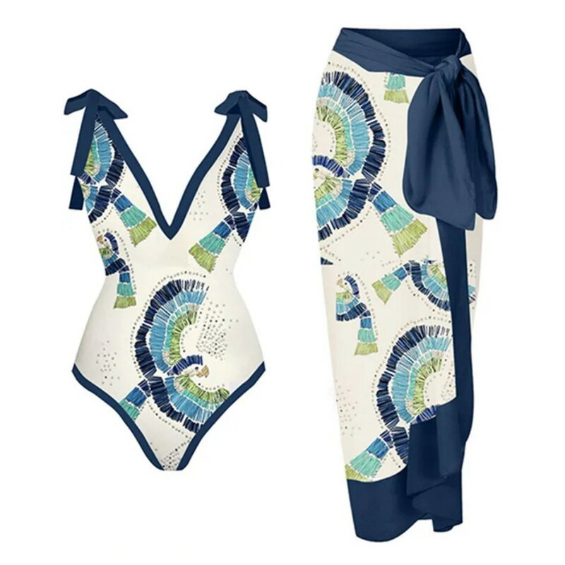 Women's Sexy One-Piece With Printed Swimsuit Long Skirt Two-Piece Set купальник женский trajes de baño mujer 수영복 비키니