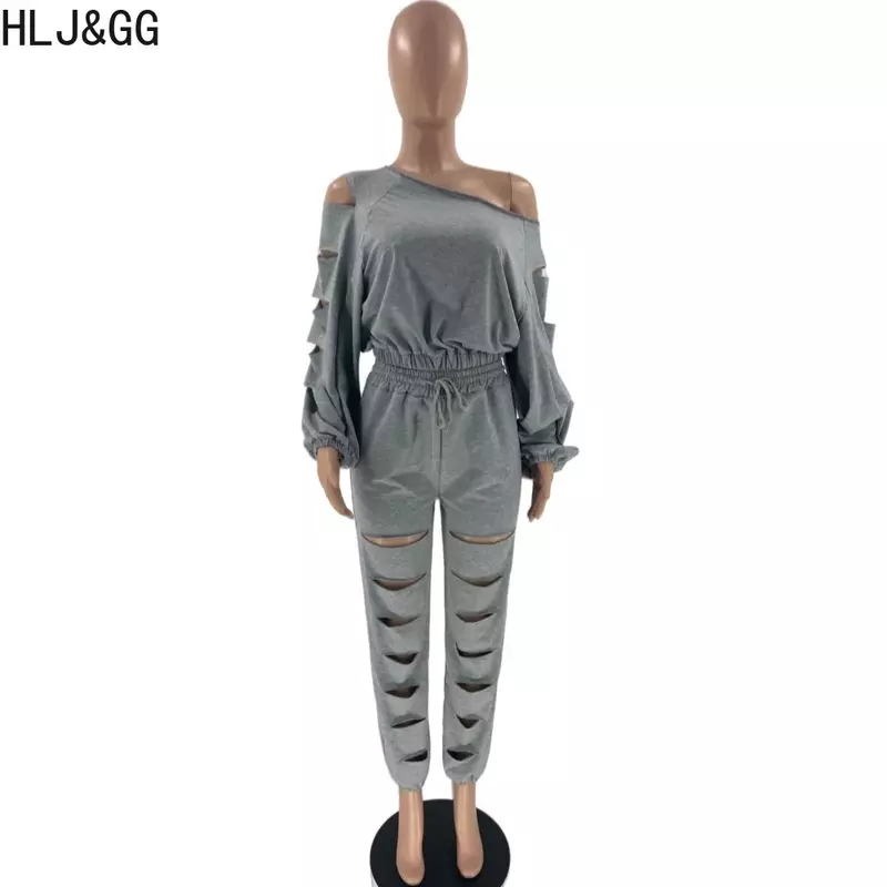 HLJ&GG Autumn Casual Hole Hollow Out Jogger Pants Sets Women One Shoulder Long Sleeve Top And Pants Two Piece Outfits Tracksuits