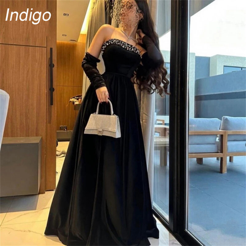 Indigo-vestido de fiesta de satén con diamantes de imitación para mujer, traje de noche elegante de media manga con cuentas, sin tirantes