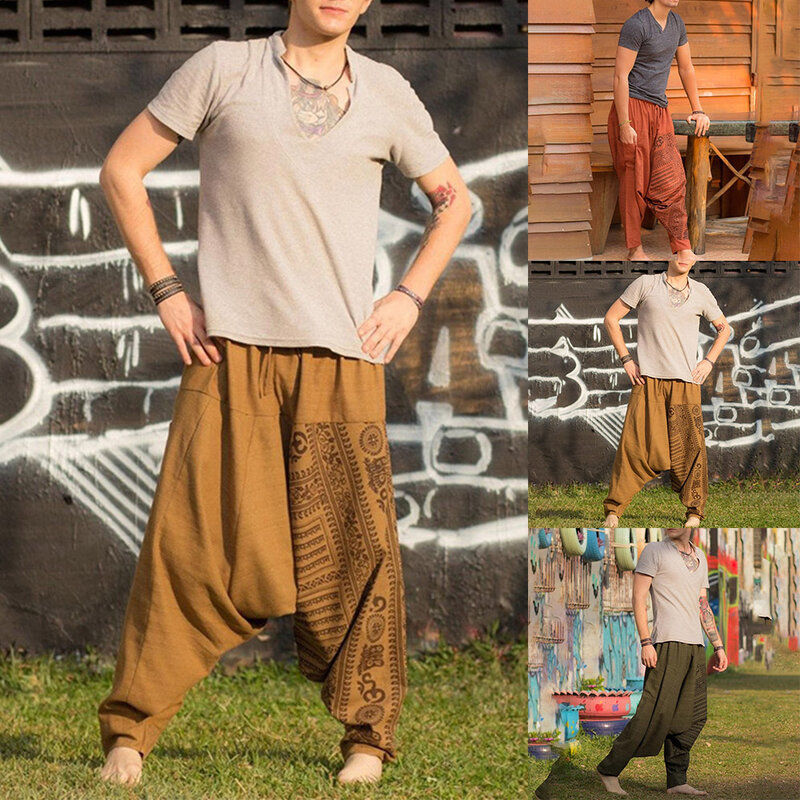 Pantalones bombachos Retro para hombre, bombachos de estilo bohemio, bombachos holgados, elásticos e informales, ropa de Yoga