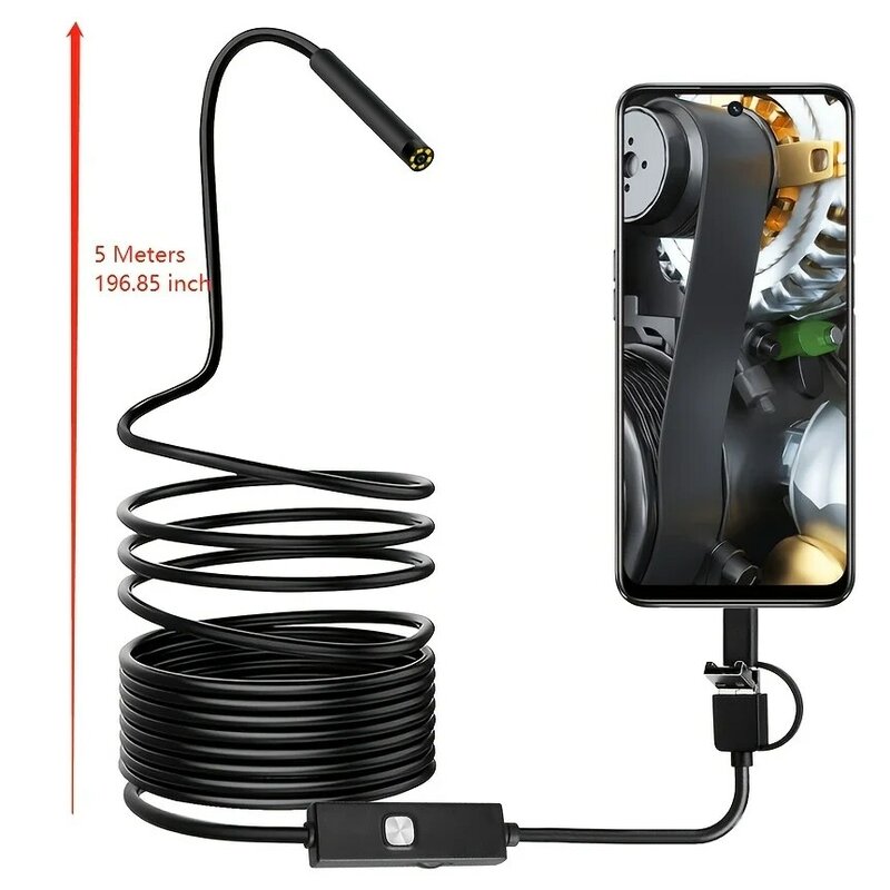 Endoscopio USB de cable largo resistente al agua, cámara de inspección con luz integrada y control táctil para uso multidispositivo, tipo C