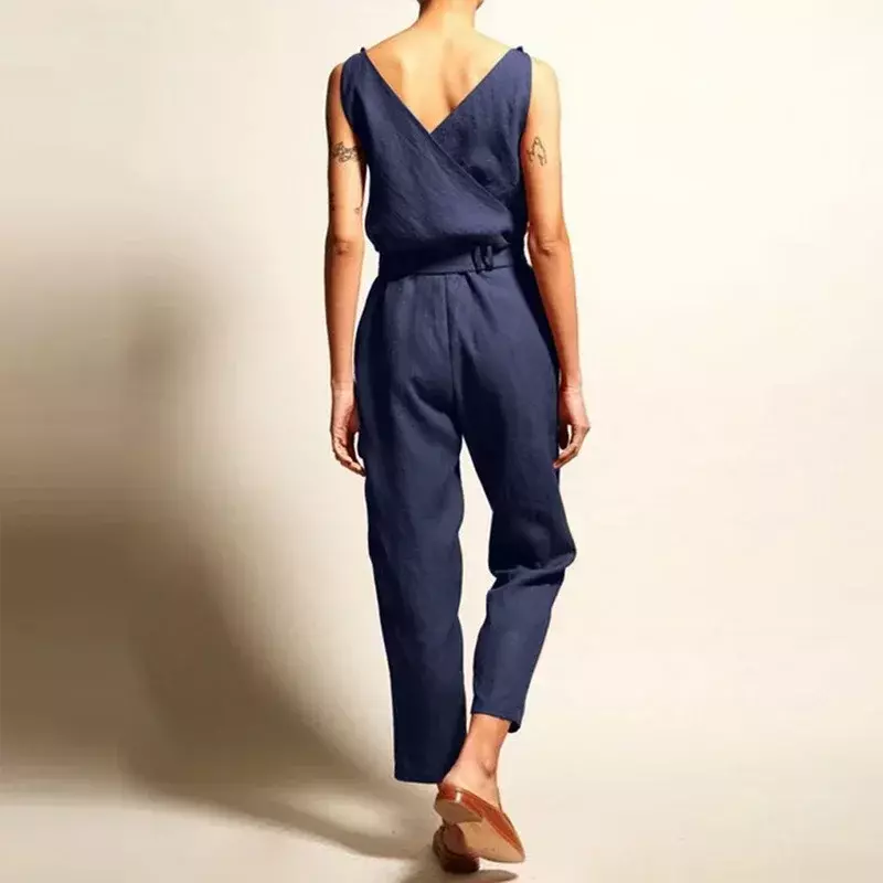Women Fashion Sleeveless Solid Simple Beach Loose Jumpsuits Summer High Waist Mature Female New Long Jumpsuit with Belt Holiday