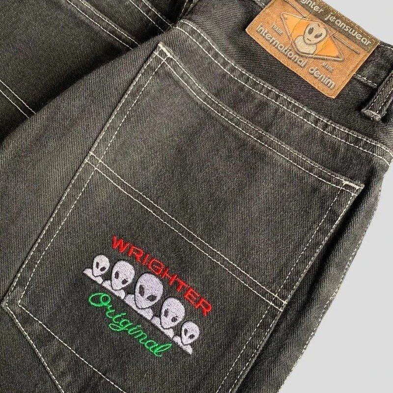 2024 American Retro Y2K Jeans coppia Hip Hop ricamato Alien Pattern pantaloni larghi in Denim pantaloni a gamba larga lavati a vita alta