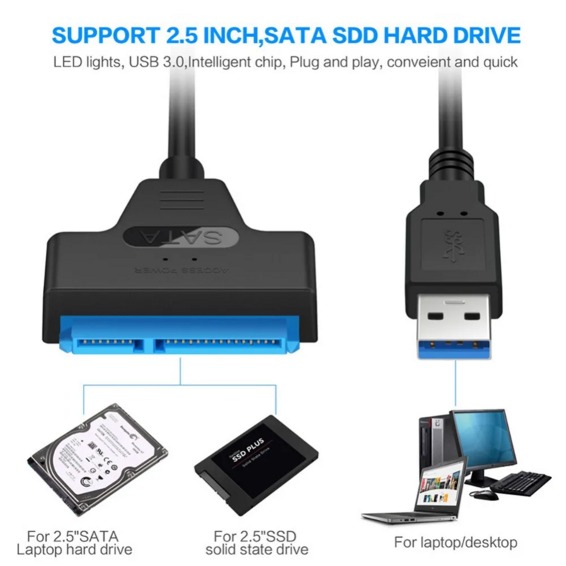 Disque Dur Externe SSD SATA vers USB 2.0 ou 3.0, Câble Jusqu'à 6 GBPs pour 2,5 Pouces, 22 Broches Adaptatrices, Adaptateur