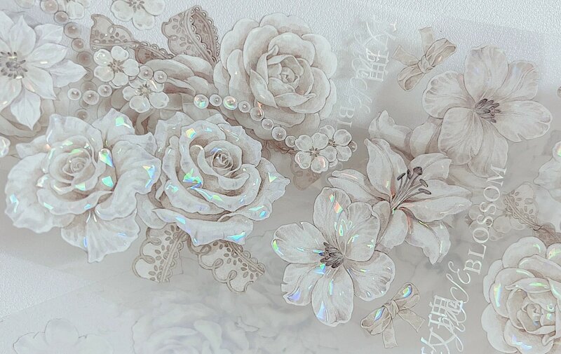 Elegant Moonlight White Rose Floral Washi Shiny PET Tape