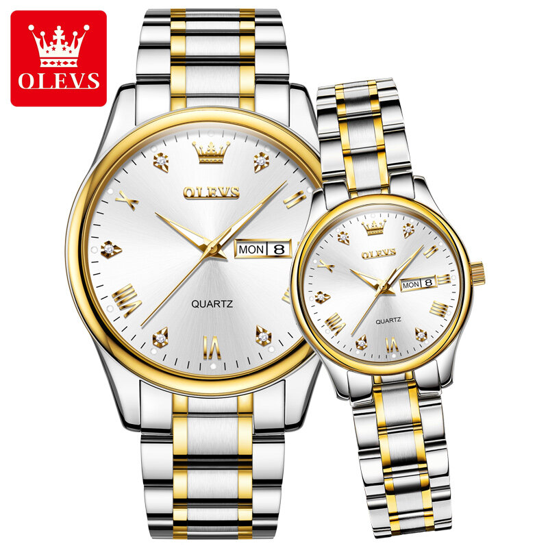 OLEVS 남녀공용 최고 브랜드 시계 세트, 럭셔리 골든 쿼츠 커플 손목시계, 방수 스테인레스 스틸 시계, 남녀공용 시계