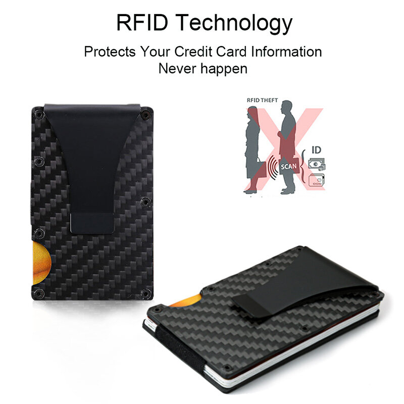 DIENQI-tarjetero de fibra de carbono para hombre, Mini billetera de aluminio, Metal, RFID, mágico