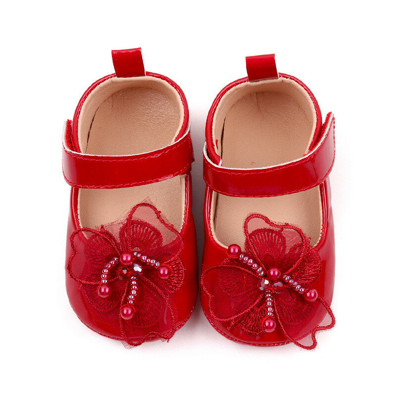 Zapatos suaves de PU TPR para niña, zapatillas antideslizantes con flores hermosas, primeros pasos