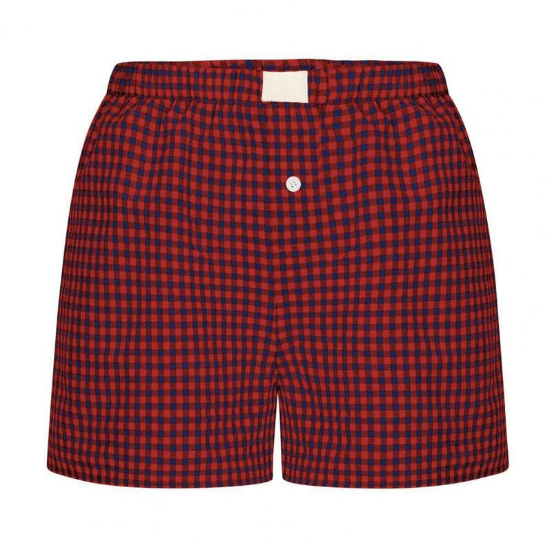 Pantalones cortos de verano de estilo Retro para mujer, estampado a cuadros con bolsillos laterales de cintura alta elástica, ropa informal diaria, vacaciones