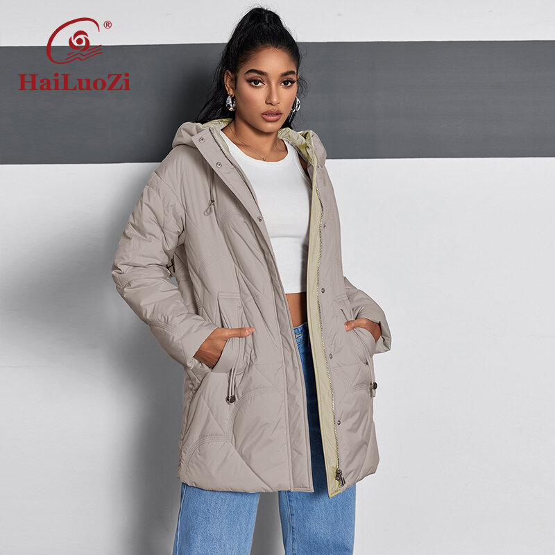 HaiLuoZi-Mulheres meio-longo fino algodão slim Parkas, jaqueta estilo zíper com capuz, bolsos inclinados, casaco primavera, novo, 12113, 2024