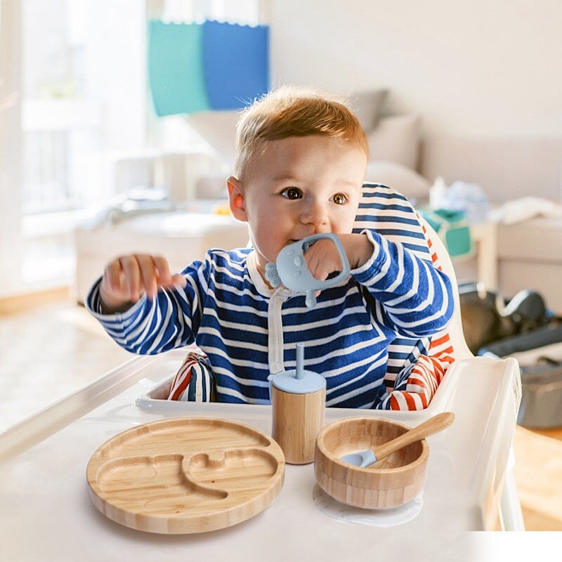 จานอาหารไม้ไผ่สำหรับเด็กอุปกรณ์บนโต๊ะอาหารแผ่นดูดซิลิโคนอุปกรณ์เสริมสำหรับทารกแรกเกิดปราศจากสาร BPA
